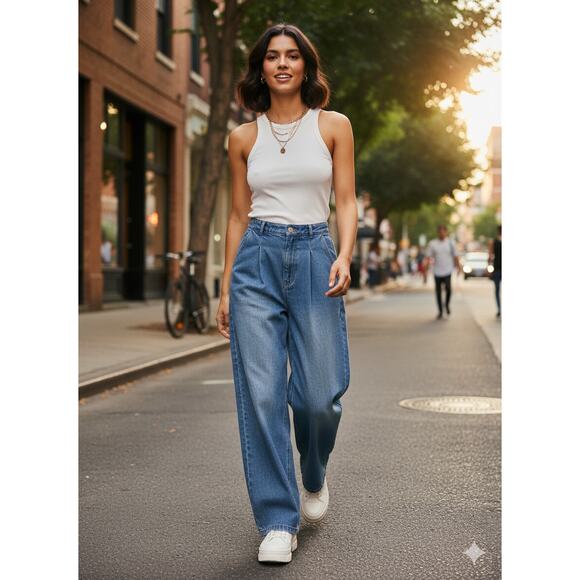 NWT Lulus Womens S Y2K Grunge Skater 90s Pleated High Rise Wide Leg Blue Jeans - Picture 2 of 11